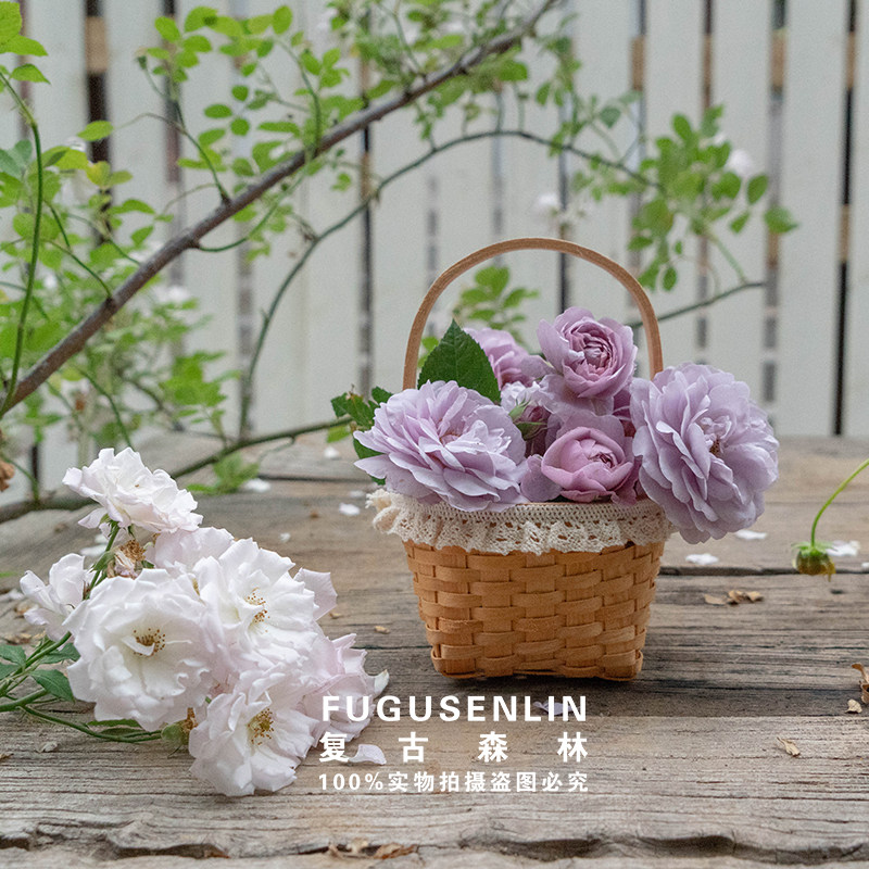 速发复古森花手提迷你小花篮竹编花编木片编制林篮干藤插画摆件花