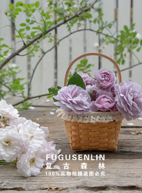 速发复古森花手提迷你小花篮竹编花编木片编制林篮干藤插画摆件花