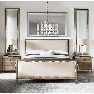 外贸法式乡村复古布艺双人床RH原单美式软包实木雕花床英式古典