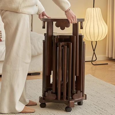 纯实木凳子可叠放圆凳新中式滑轮椅子家用叠叠乐板凳六合一组合