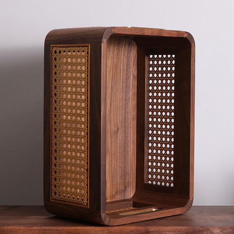 9V7T黑胡桃木质收纳筐实木盒中式提篮复古藤编水果盘家用客厅茶几