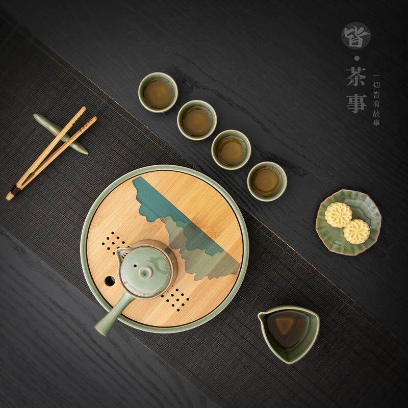 复古圆形储水茶盘家用陶瓷泡茶台创意山水茶托盘沥水盘茶具托盘