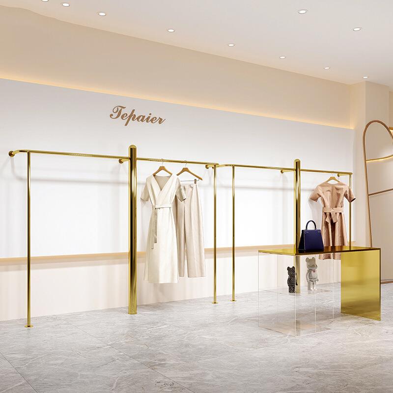 服装店展示架上墙壁挂式落地不锈钢钛金挂衣服架子女装店陈列货架