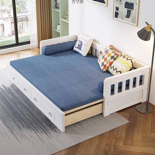 实木沙发床可折叠多功能小户型亚麻布客厅无扶手推拉简约双人两用