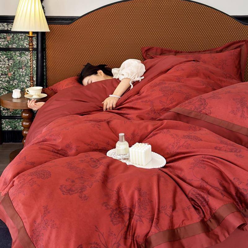床上四件套红色婚庆120支长绒棉全棉数码印花被套新婚高级感床品