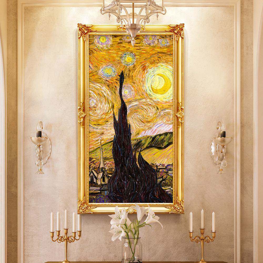 玄关装饰画欧式挂画走廊竖版壁画过道画简欧大气星空风景梵高油画
