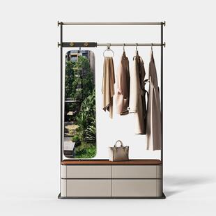 极简轻奢衣帽架胡桃木实木卧室落地挂衣架带镜子高级皮革斗柜