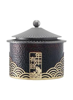 年年有余带盖防灰纯黄铜烟灰缸高颜值家用办公创意烟灰缸香炉