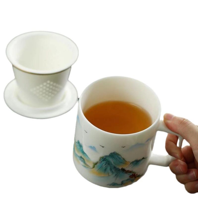 羊脂玉瓷办公过滤茶杯带盖印制logo千里江山商务礼品茶水分离水杯