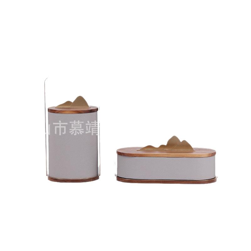 新中式金属胡桃木皮革提盒收纳盒插花花筒摆件客厅茶几国潮风