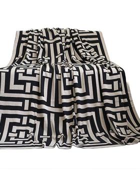 办公室毛线针织毯子沙发盖毯床尾巾搭毯样板房搭巾蓝色黑色回形纹