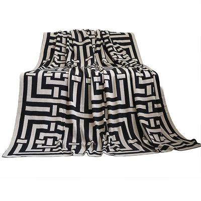 办公室毛线针织毯子沙发盖毯床尾巾搭毯样板房搭巾蓝色黑色回形纹