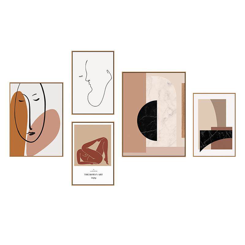 北欧客厅装饰画粉色挂画抽象线条艺术沙发背景墙免打孔组合壁画