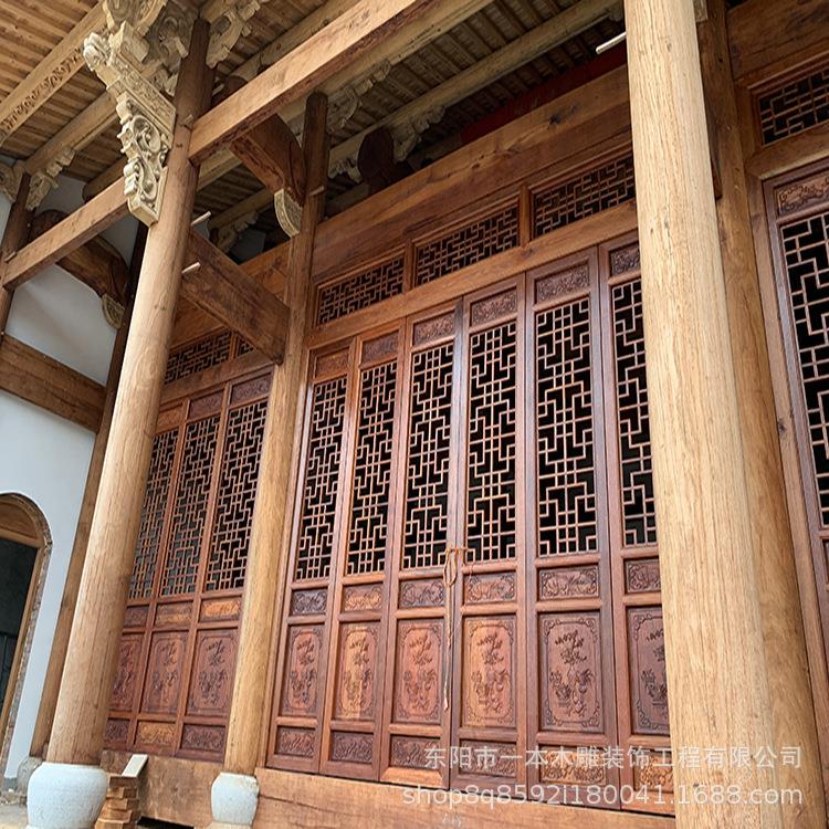 厂家供应古建门窗中式实木仿古门窗斗拱楼梯实木栏杆木雕美人靠
