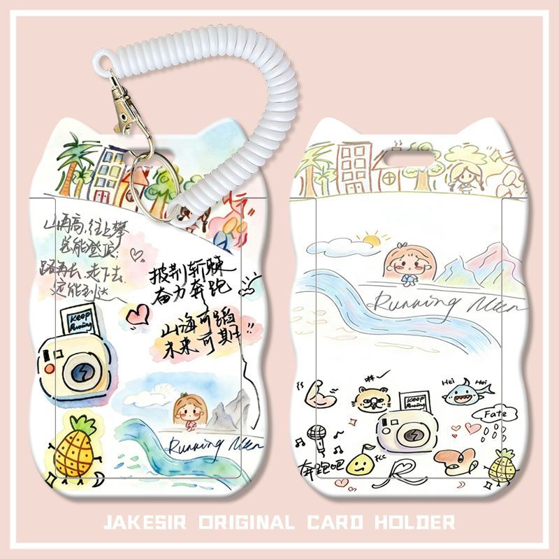白鹿可爱涂鸦学生滑盖猫耳朵卡套饭卡公交证件保护套弹簧绳