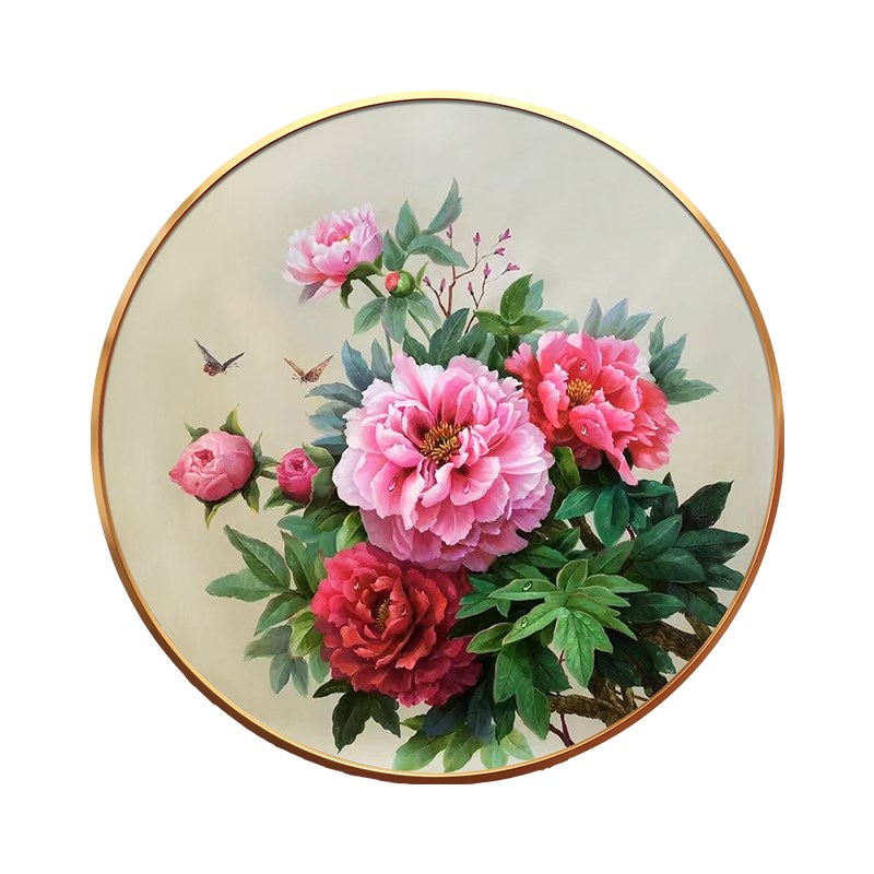 花开富贵新中式牡丹圆形手绘油画入门玄关装饰画客厅餐厅床头挂画图片