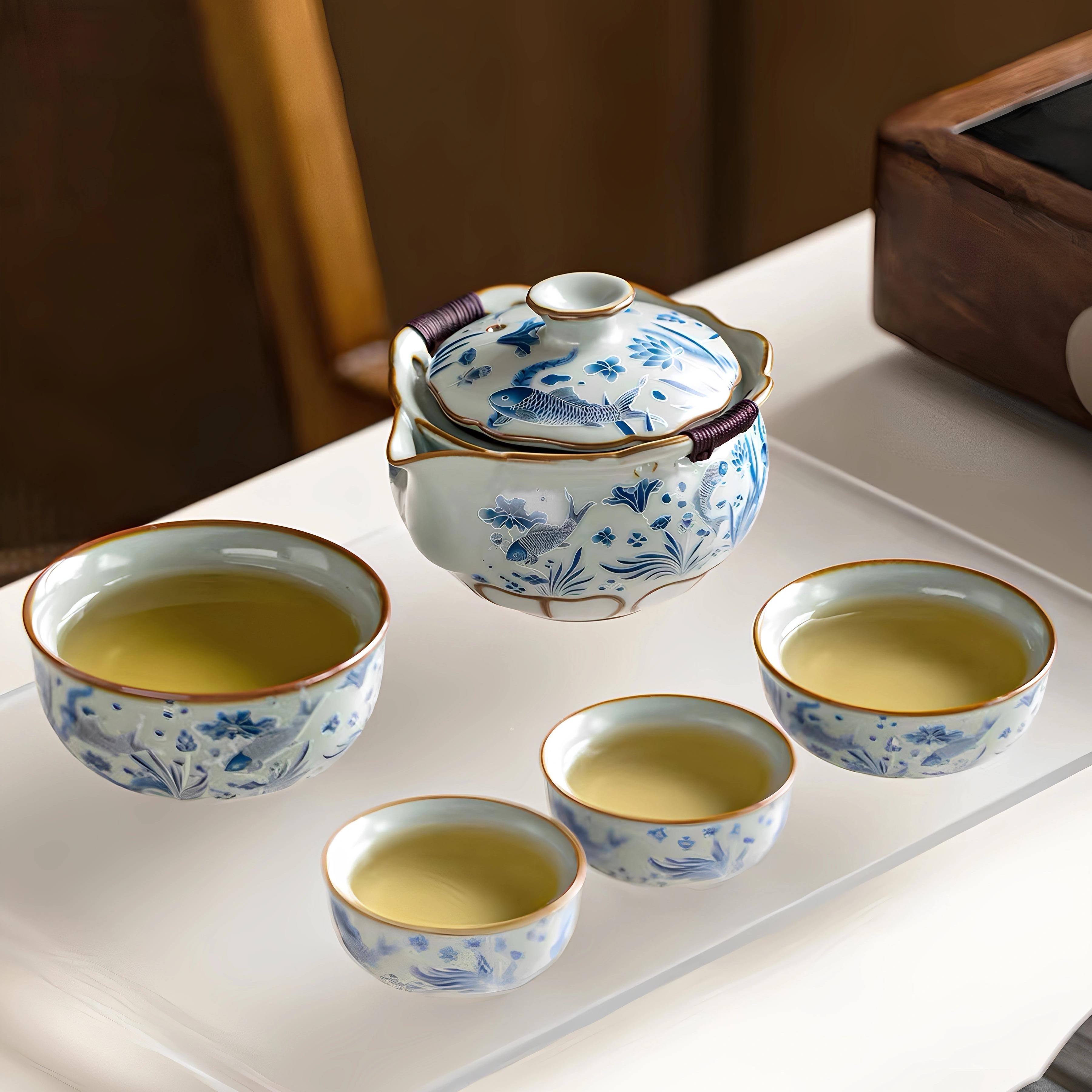 颜荣聪汝窑旅行茶具套装一壶四杯快客杯户外便携式陶瓷泡茶壶茶杯