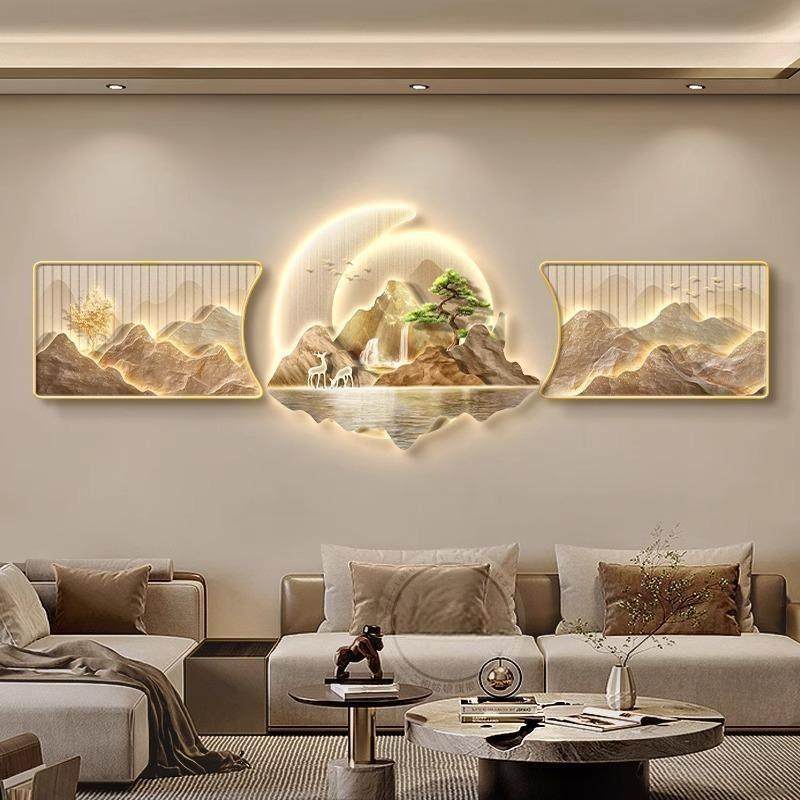 流水生财客厅装饰画靠山图沙发背景墙壁画高级感led灯挂画三联画