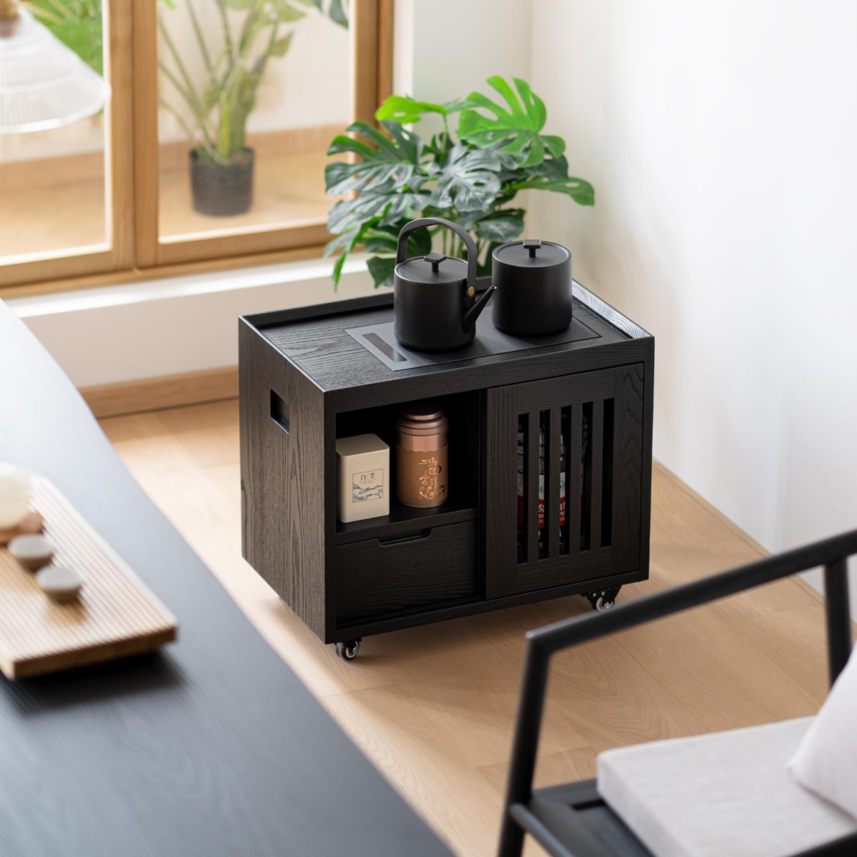 侘寂风黑色白蜡木茶水柜实木可移动边几茶桌边柜烧水壶一体