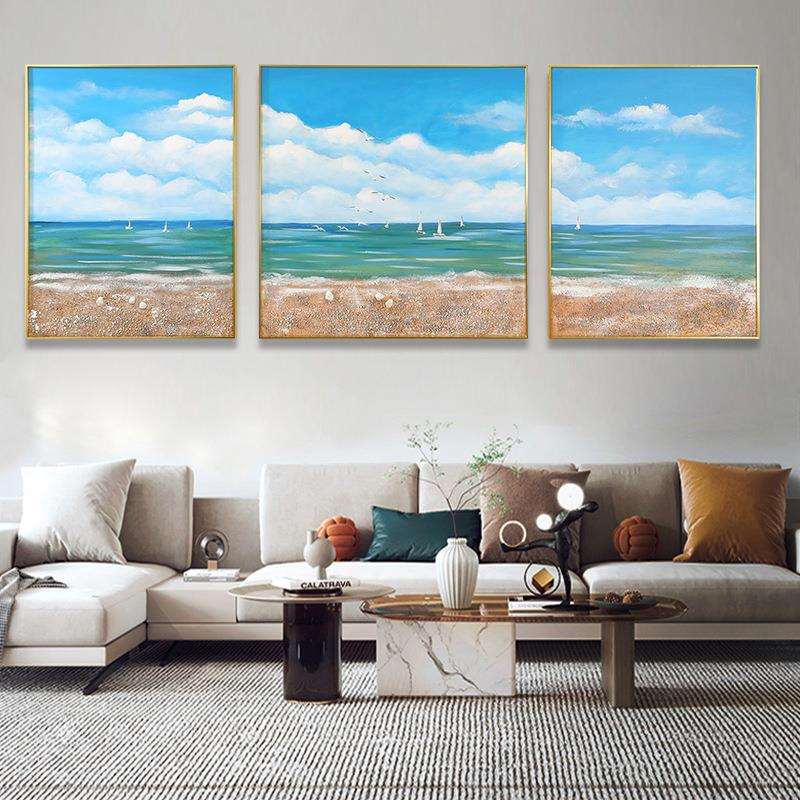手绘油画立体肌理白云帆船风景画客厅沙发装饰画酒店宾馆三联挂画