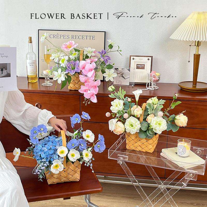 田园风斜边篱笆仿真花篮装饰花客厅假花绿植花艺摆件餐桌花摆花