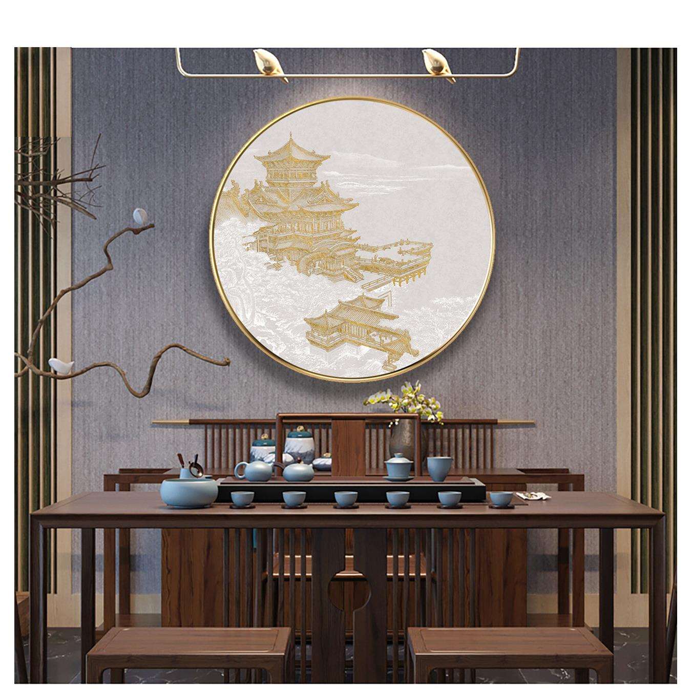 现代中式客厅沙发背景墙装饰画酒店别墅走廊过道竖版中国建筑挂画图片