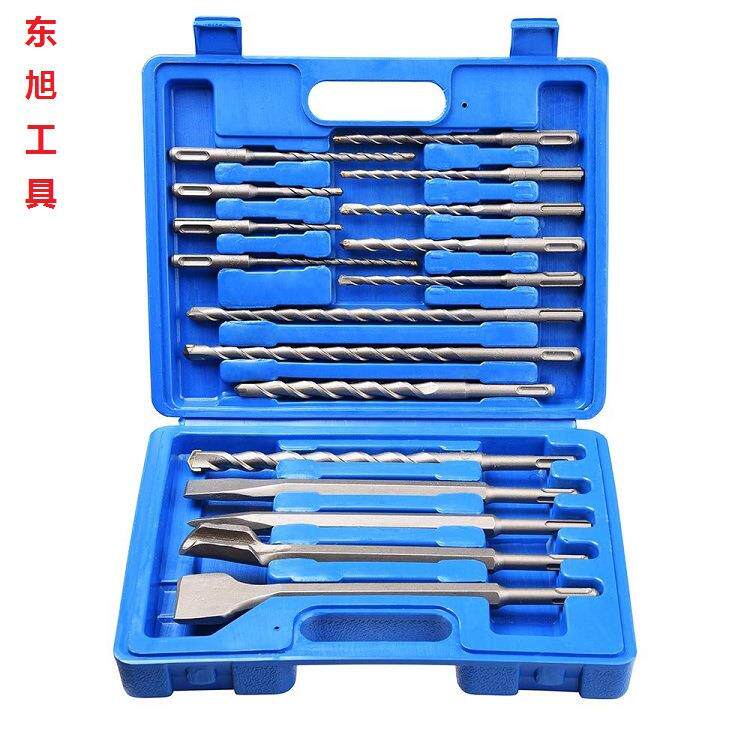 电锤钻头17件套装塑盒 圆柄钻头 电锤尖凿 扁凿 破墙铲凿组合套装