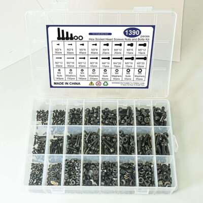 1390pcs发黑12.9级圆柱头内六角配平垫螺母套装杯头螺丝盒装