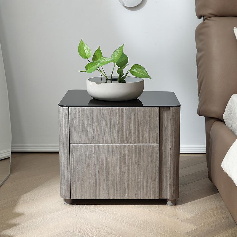 意式极简实木床头柜钢化玻璃台面方形后现代创意卧室床边柜储物柜