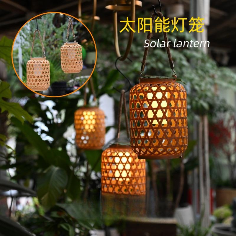 户外仿竹编太阳能灯笼庭院装饰灯中式手工仿藤编风灯小灯笼花园