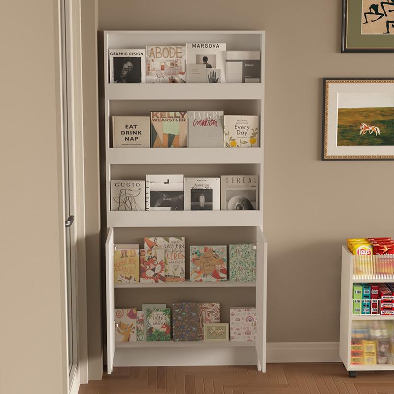 儿童书架置物架落地多层收纳架家用绘本架门后置物架超薄窄书柜子