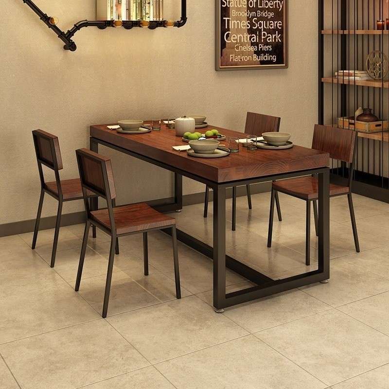 N5商用铁艺烧烤小吃长方形桌子实木餐桌椅简约饭店餐厅桌椅组合韩