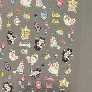 ins猫咪diy贴星星美甲贴纸小猫咪公主日系少女5d立体浮雕相机水杯