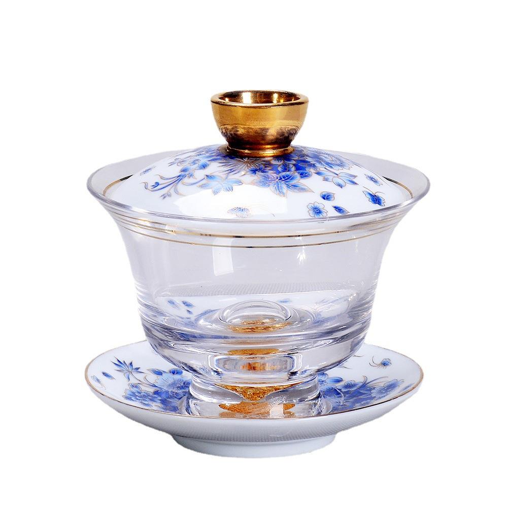 中式加厚透明水晶玻璃泡茶碗功夫茶具白瓷珐琅彩三才盖碗青花带盖