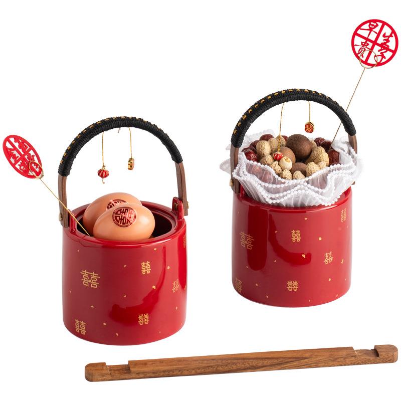 孙桶子结婚对红色嫁出嫁用品大全陶瓷痰盂娘家女方嫁一妆囍满庆_