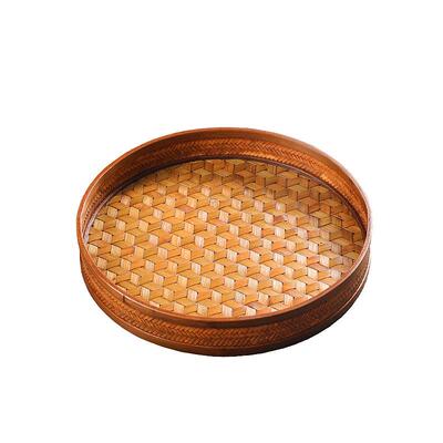 大竹编托盘家用圆漆形收纳筐中复古龟甲茶编奉IMJ式茶盘杯茶具收