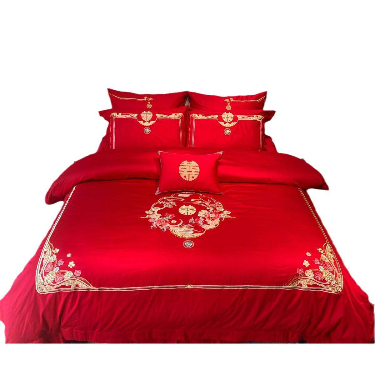 简约套大气婚中婚庆家纺红色四件长绒棉刺绣结床式上用M101品婚房,床上用品,婚庆床品套件,淘宝优惠券,粉丝福利购,淘宝优惠卷