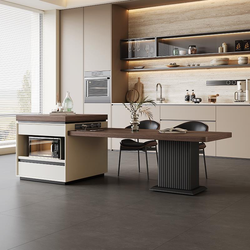 木纹岩板岛台餐桌一体家用可伸缩现代高端轻奢胡桃木色岩板餐桌椅