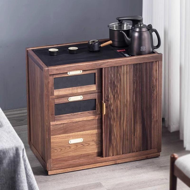 北美黑胡桃木茶水柜实木茶几客厅家用烧水壶一体可移动小茶台边几