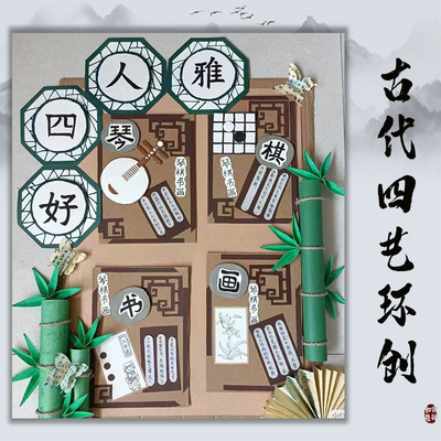 新款复古墙饰雅人四好集萃幼儿园创意小学墙面布置装饰古代四艺