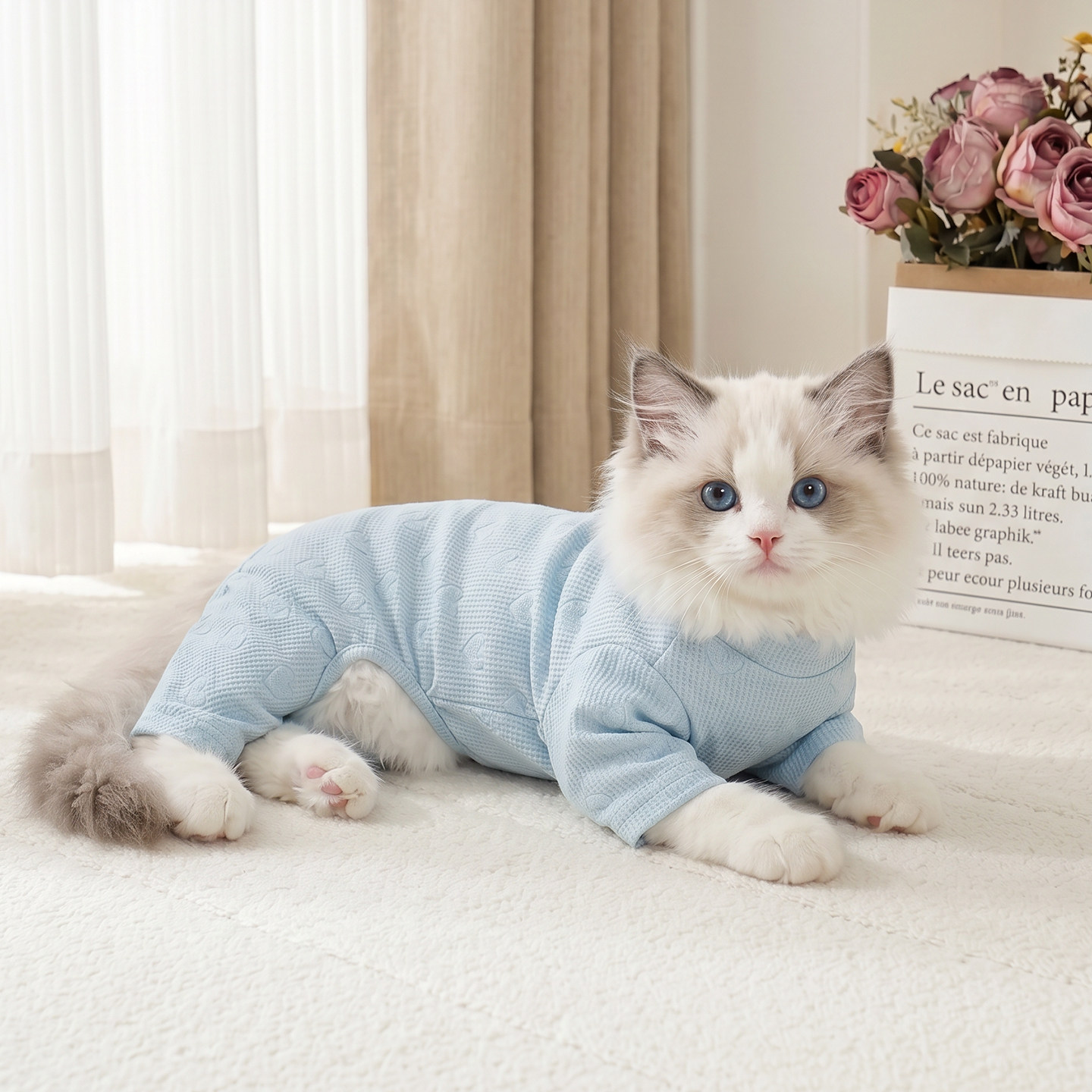 猫咪防掉毛衣服四脚衣春夏新款薄款透气家居服布偶德文无毛猫衣服