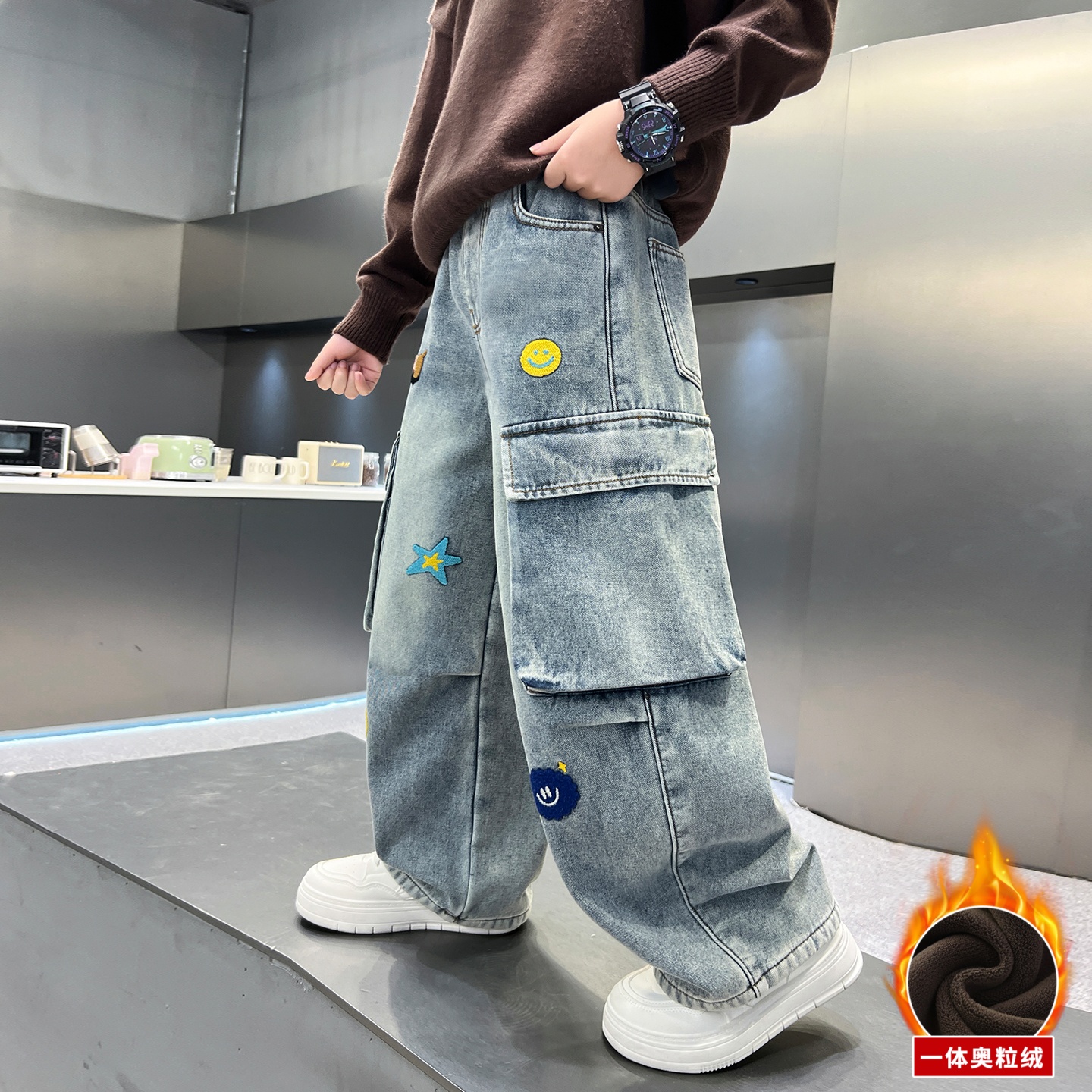 男童加绒裤子秋冬工装裤