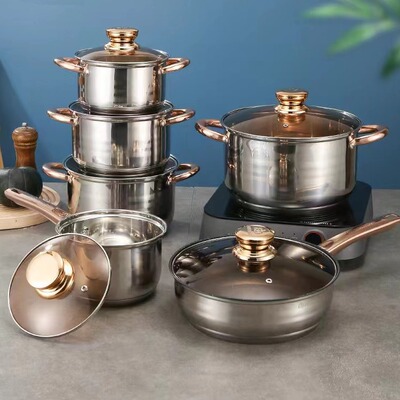 锅具套装加厚复底12件套装锅单柄奶锅双耳汤锅cookware pots set