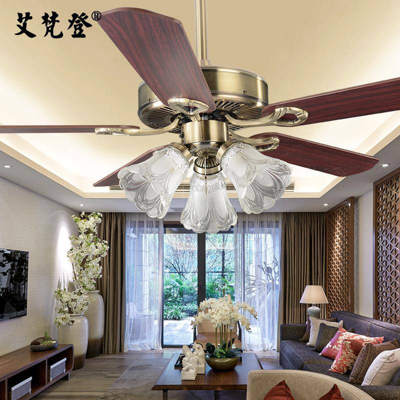 厅风扇灯欧式餐吊铁叶电扇灯客厅复古简约木叶吊扇灯家用无品牌/