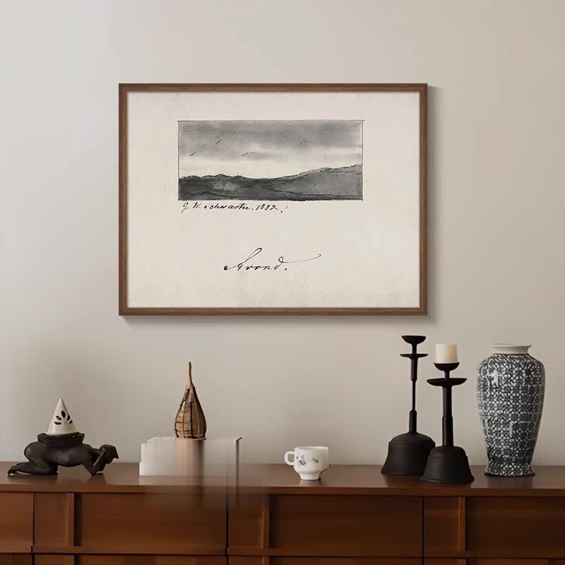 《远山》法式复古黑白风景餐厅装饰画中古风素描艺术客厅玄关挂画图片