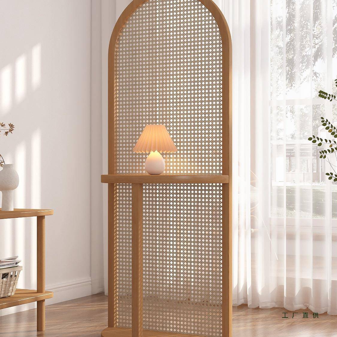 式日藤编屏风隔可断F97H855S客厅入户关卧室中古置物架移动现代简