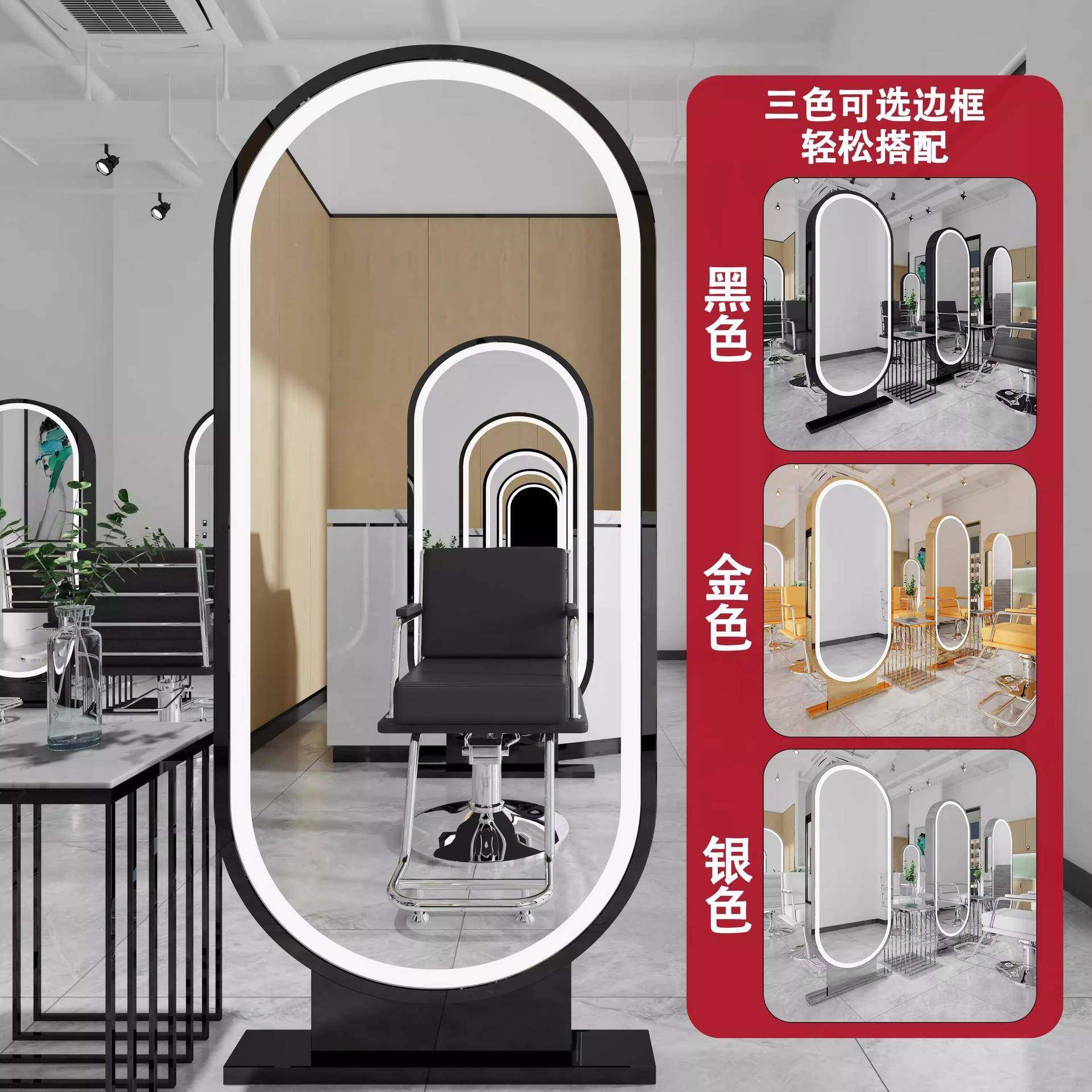 理发店台双面LE发D发光美店镜镜带底座免打孔理台发店镜RIO子复古