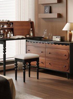 复古实木梳台斗一体-中古柜妆风床尾转角柜室化卧妆桌书桌收纳柜