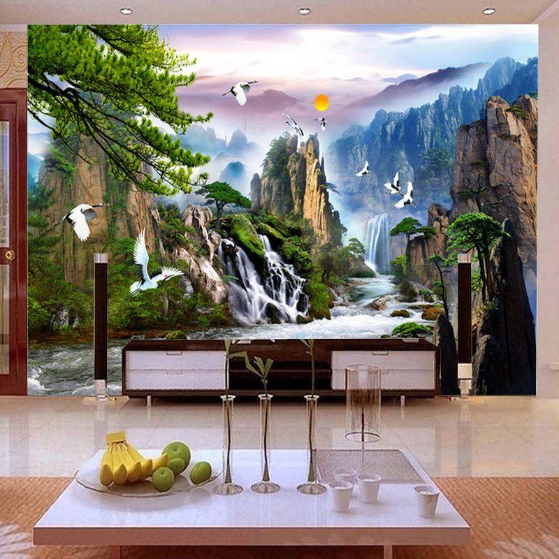 山水画十己字绣023新款线客厅大幅大气流绣水生通用财迎客松自绣2