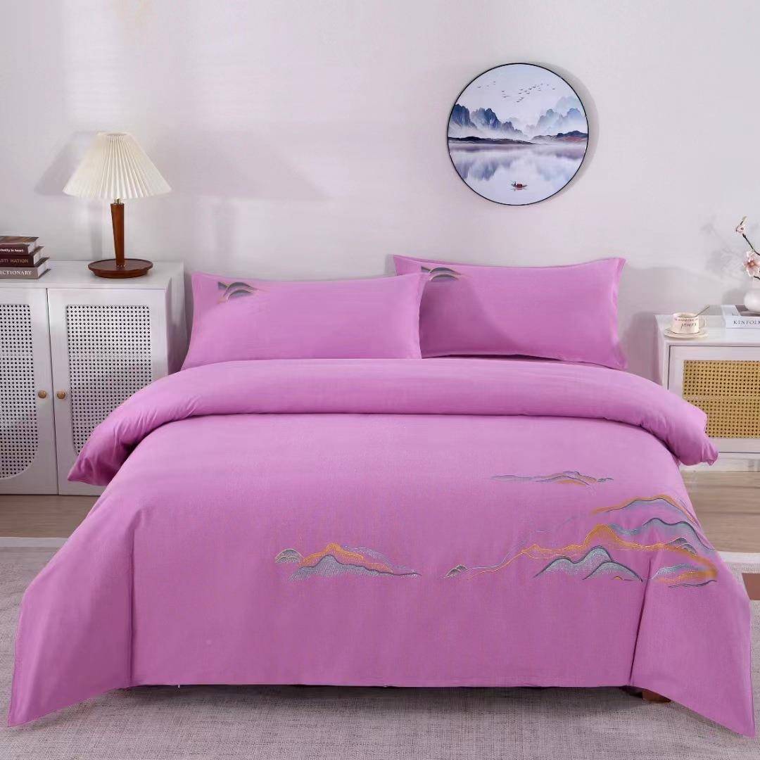 万里江山刺绣纯老粗布四棉件床套上用品精梳被绣花套床单万里江山